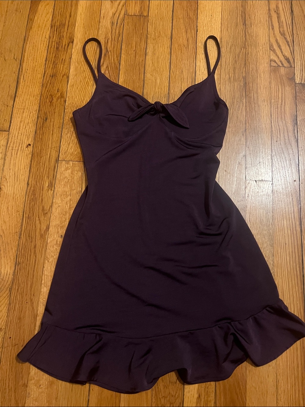 Spaghetti-Strap Plum Ruffle Mini Dress